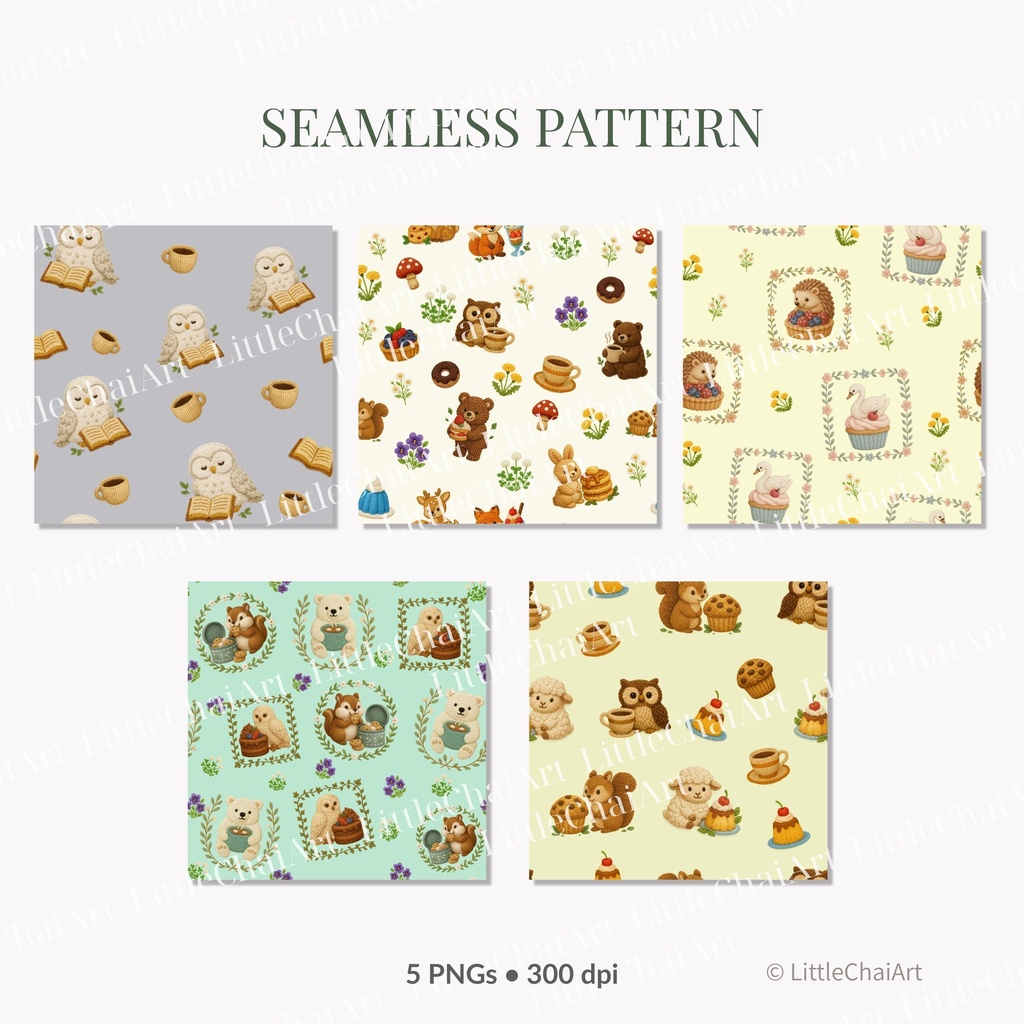 【無料サンプルあり】刺繍風の動物カフェ シームレスパターン 5種セット|PNG・商用利用OK