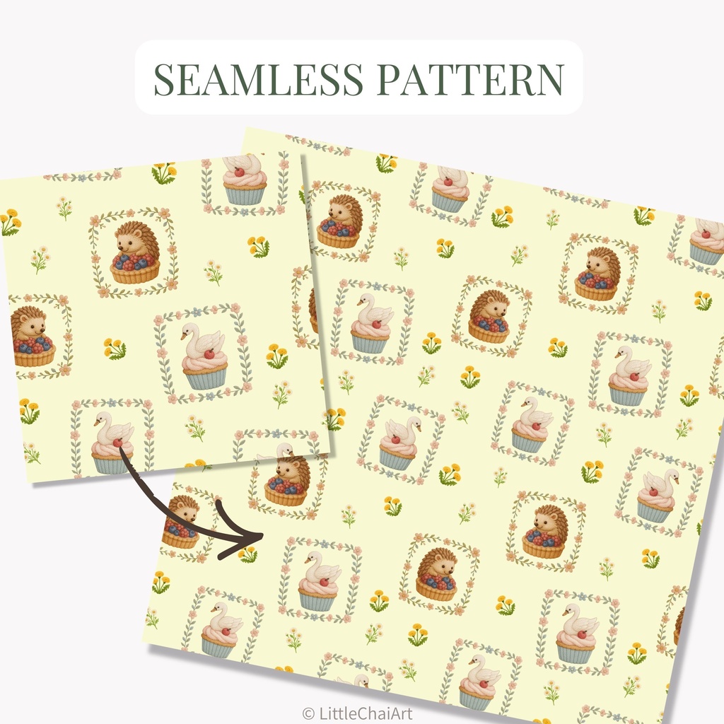 【無料サンプルあり】刺繍風の動物カフェ シームレスパターン 5種セット|PNG・商用利用OK