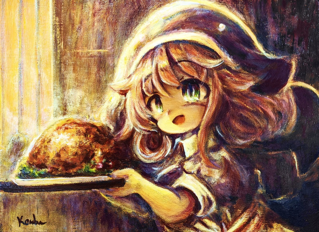 F4サイズ油絵原画　チキンを運ぶ美宵ちゃん
