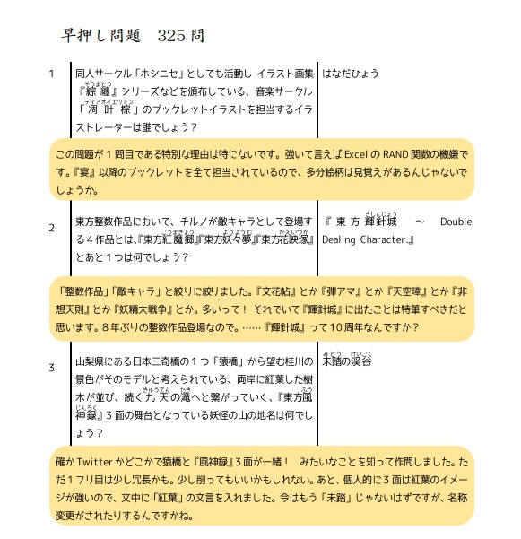 東方問答杯・酔 公式記録集・コメント集