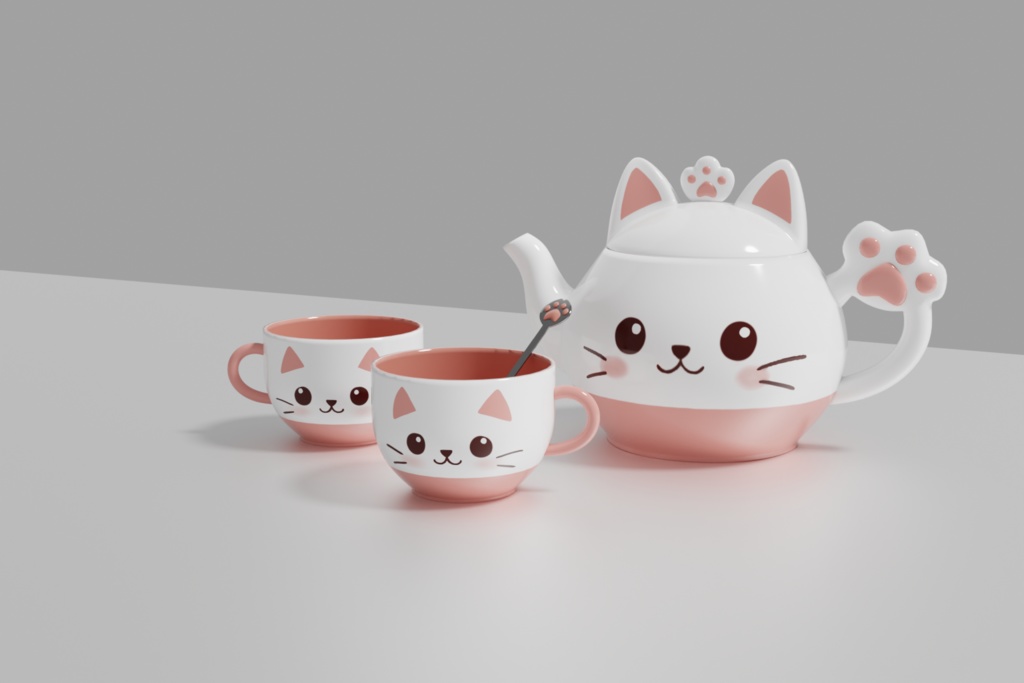 猫ちゃんティーセット Blenderモデル（Modifier Apply/非Apply両対応）