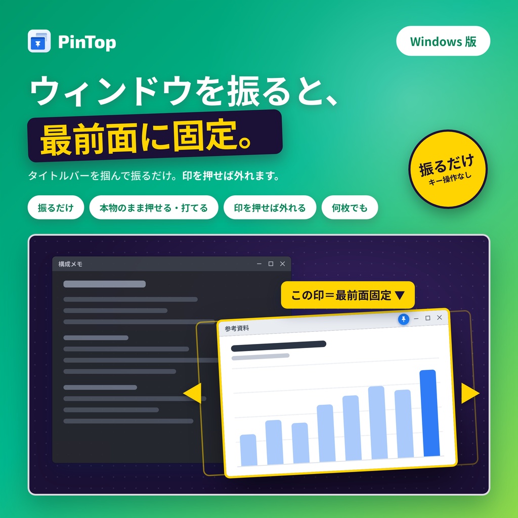 PinTop（Windows 版）｜ウィンドウを振って最前面に固定
