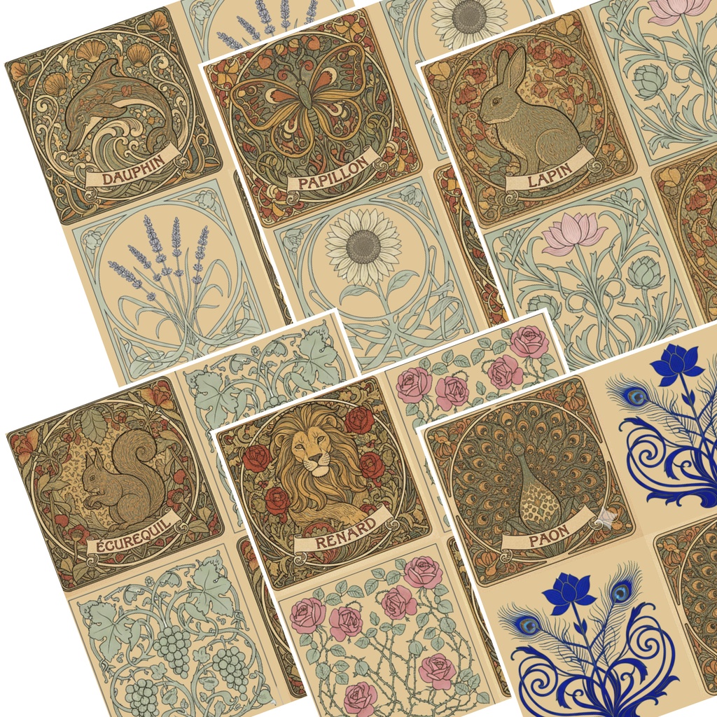 【商用OK】アールヌーボー調シームレスパターン 6種セット|動物×植物のラグジュアリー背景素材(300dpi/JPG・PNG・PDF)