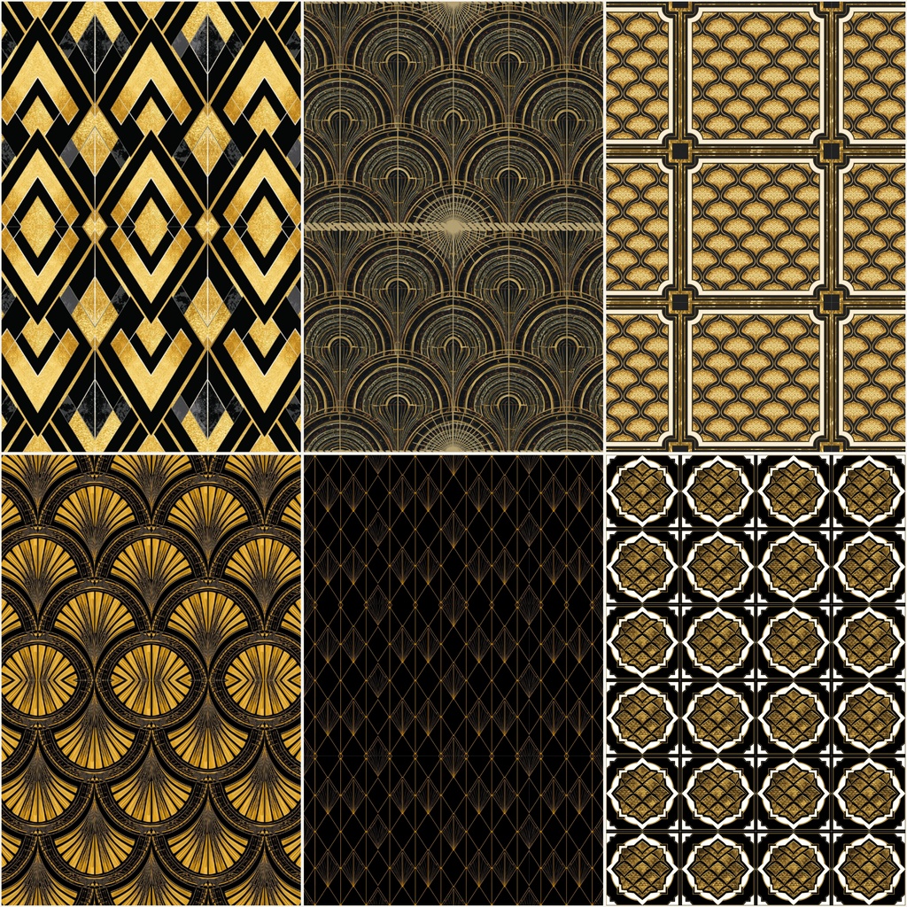 【商用OK】アールデコ調シームレスパターン 6種セット|金・黒・白のラグジュアリー背景素材(300dpi/JPG・PNG・PDF)