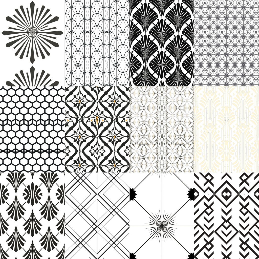 【商用可】アールデコ調シームレスパターン12種セット(モノトーン・背景透過対応)/Art Deco Seamless Patterns (Transparent PNG)