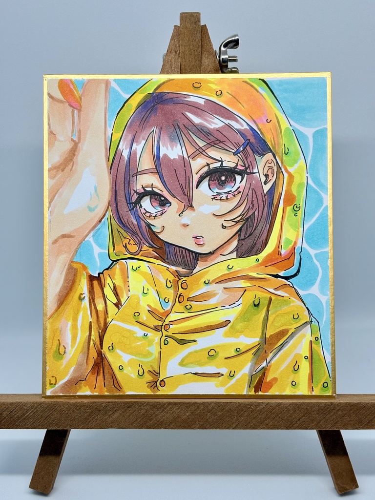色紙原画【雨粒イエローレインコート】