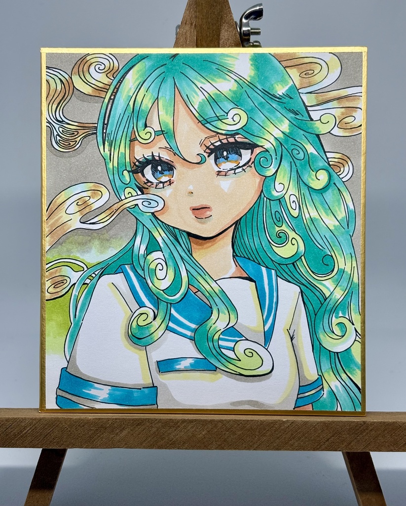 色紙原画【台風と癖っ毛】