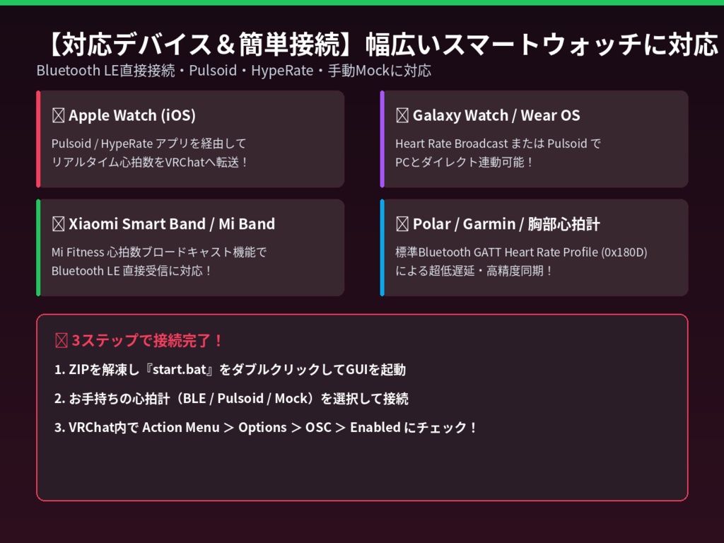 【VRChat OSC】心拍数(BPM)リアルタイム連動ツール【スマートウォッチ / Pulsoid / BLE対応】