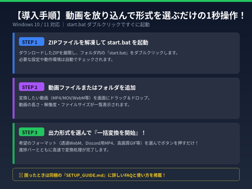 【OBS・配信素材用】動画素材一括変換・最適化ツール Pro|透過WebM・Discord 8MB圧縮・高画質GIF・MP4変換【一括処理】