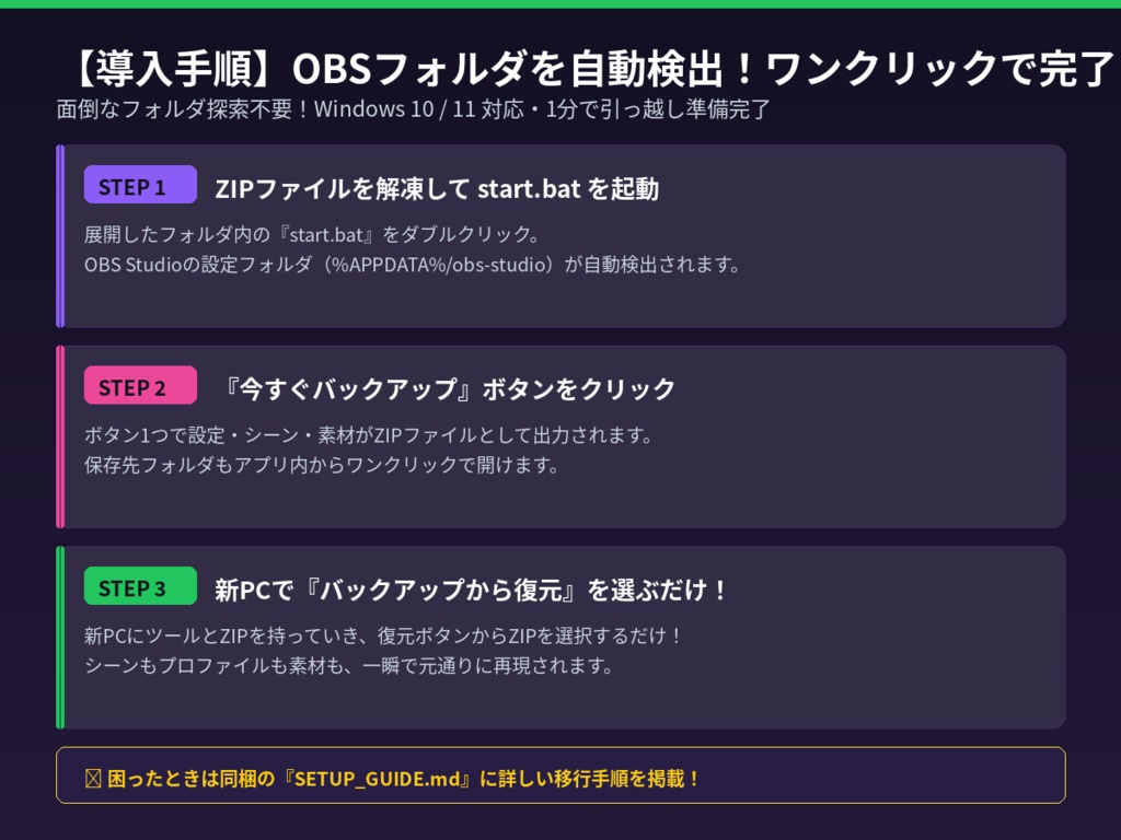 【PC移行・設定保存】OBSシーン一括バックアップ&復元ツール Pro|使用素材まるごと同梱・パス自動リマップ【ワンクリック】