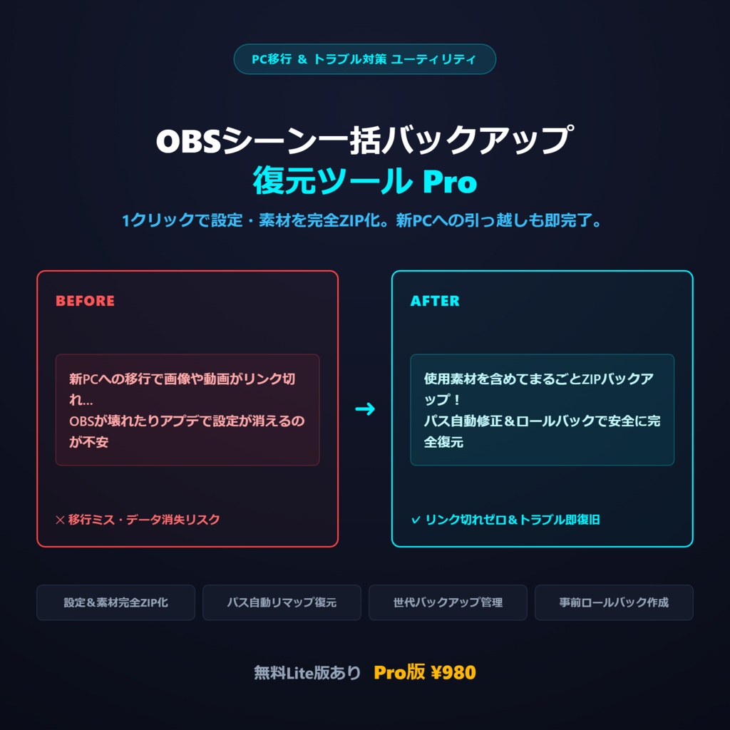 OBSシーン一括バックアップ&復元ツール Pro
