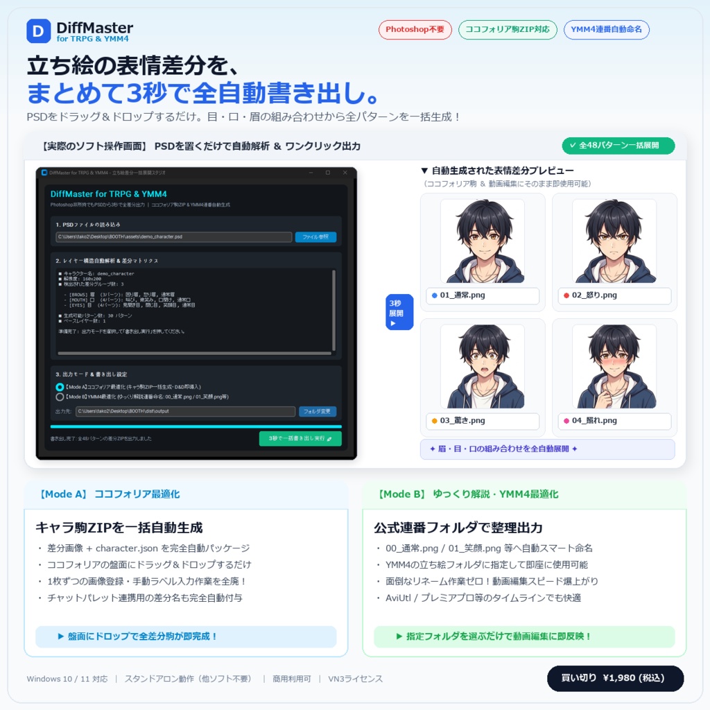 【Photoshop不要】DiffMaster for TRPG & YMM4｜立ち絵差分一括書き出し＆ココフォリア駒ZIP自動生成ツ",