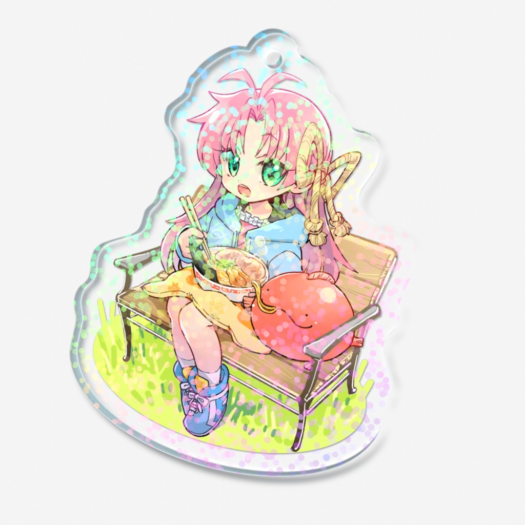 ベンチでラーメン食べる女の子キーホルダー