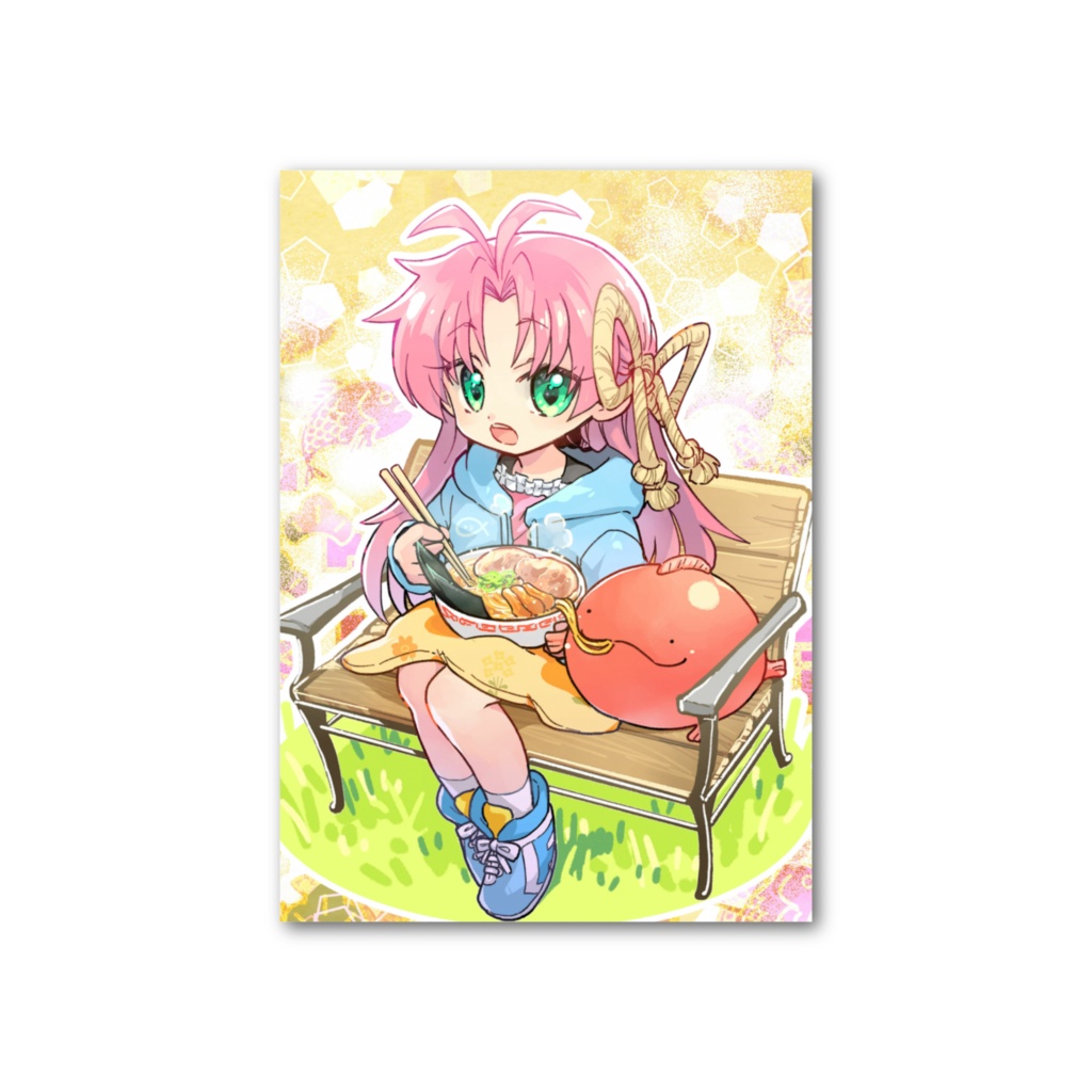 ベンチでラーメンを食べる女の子カード