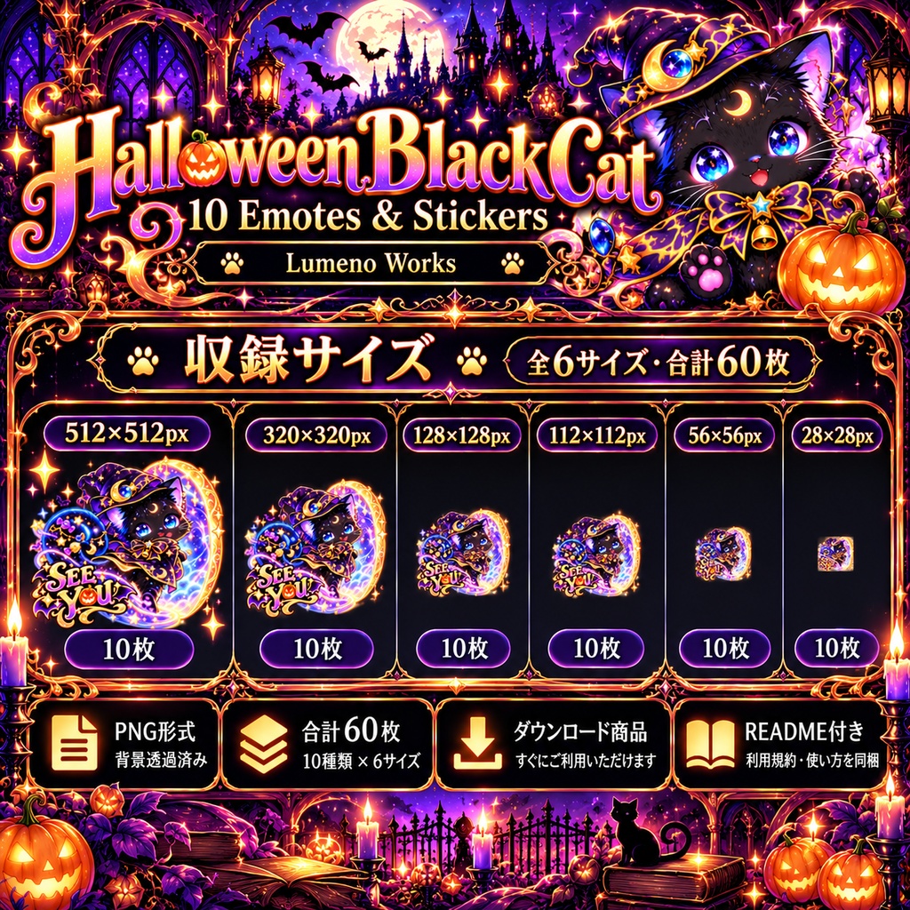 【ハロウィン】星降る魔法の黒猫スタンプ10種|Discord・Twitch・配信向け【透過PNG】