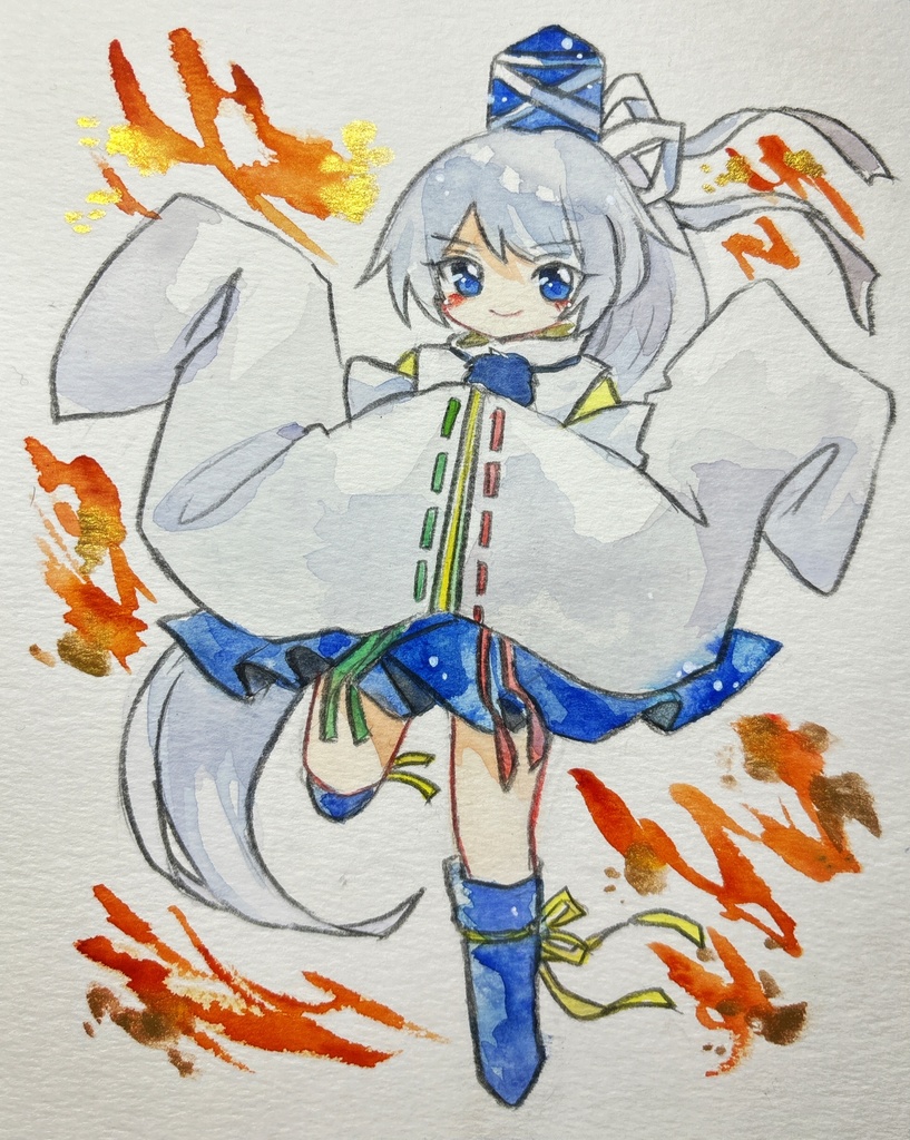 手描きイラスト色紙＋東方project＋物部布都＋ペン画 手描きイラスト 物