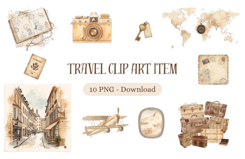 ベージュ旅の水彩クリップアートセット