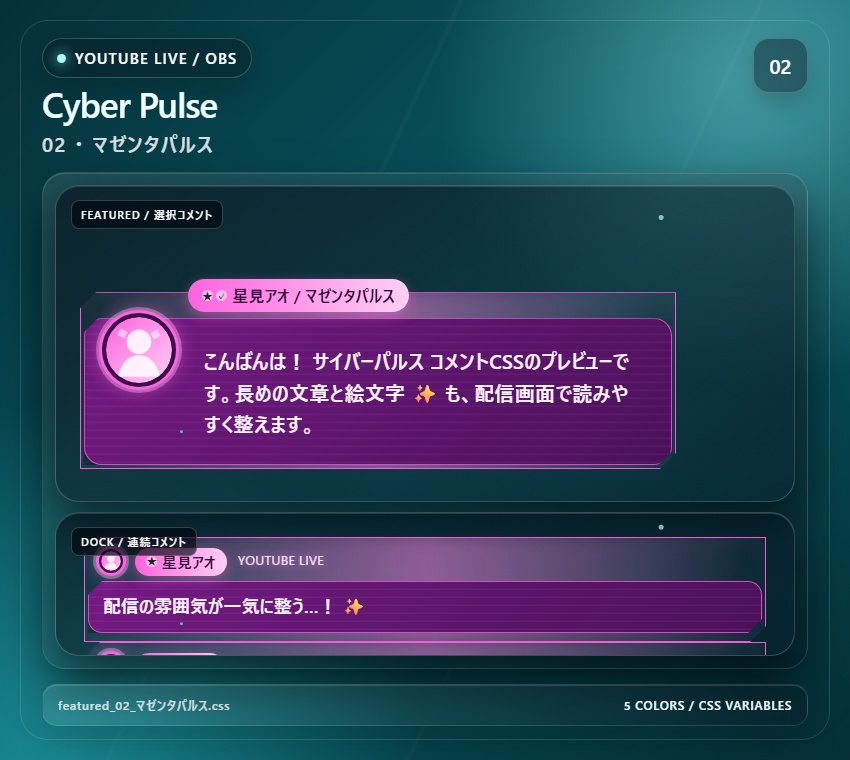 【YouTube/OBS対応】サイバーパルスコメントCSS|Cyber Pulse(Social Stream Ninja用・5色)