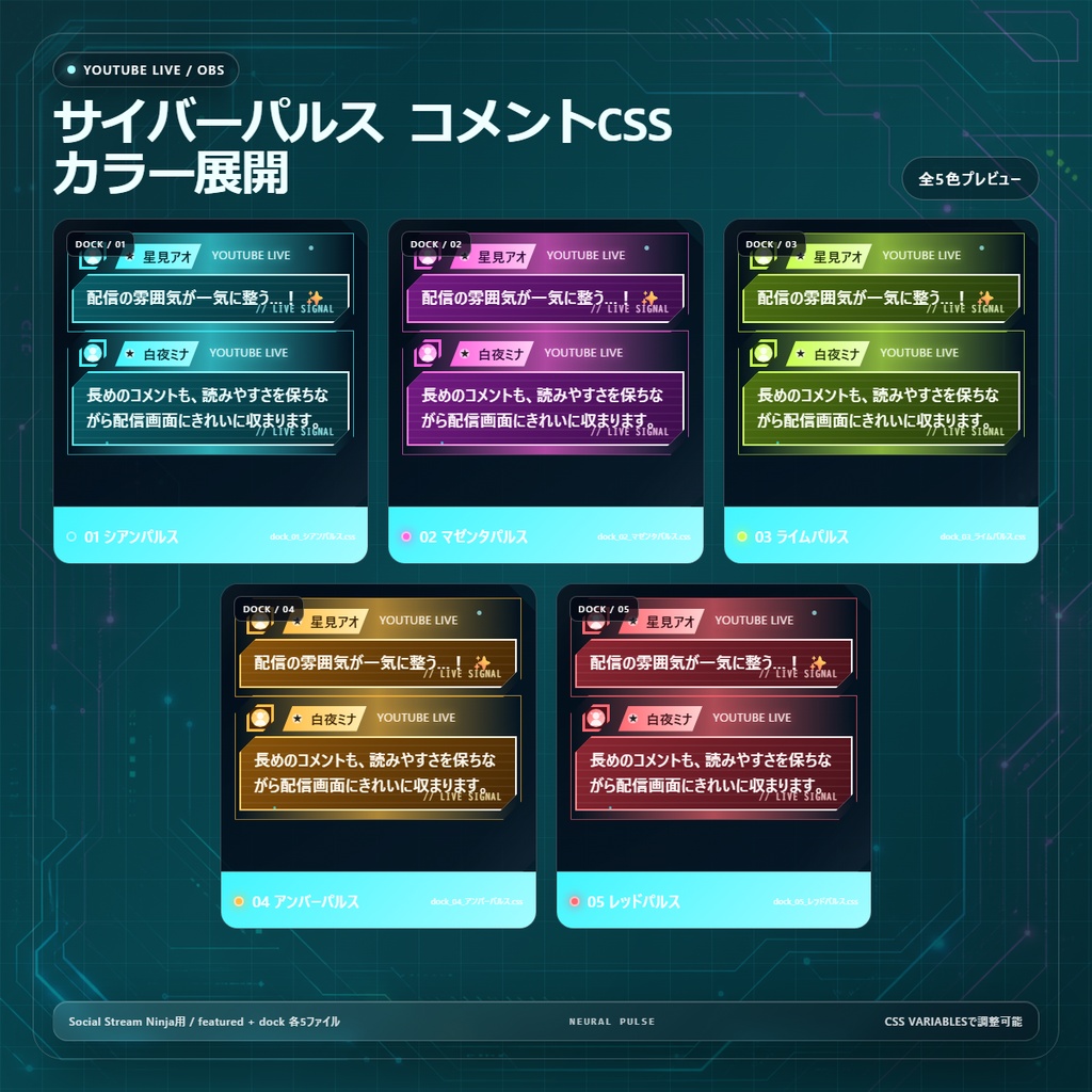 【YouTube/OBS対応】サイバーパルスコメントCSS|Cyber Pulse(Social Stream Ninja用・5色)