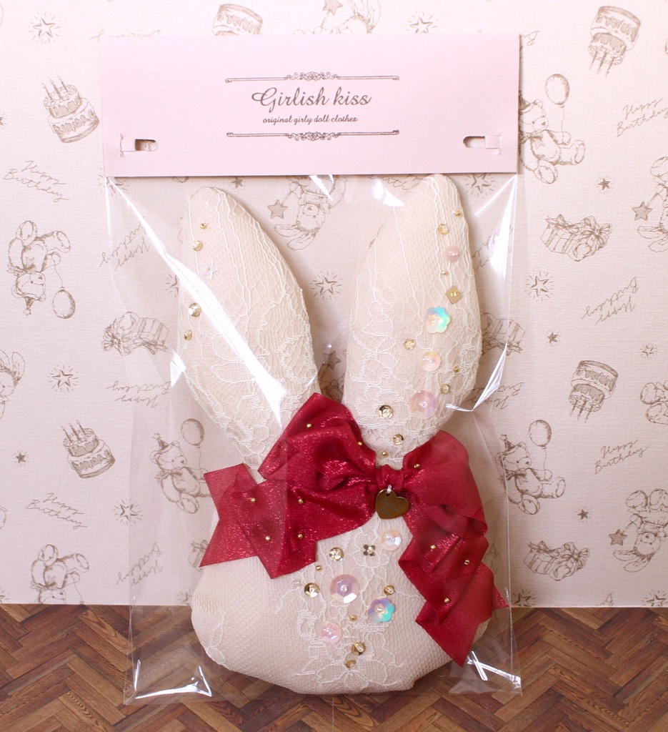 ウサギクッション　ピンク×赤リボン