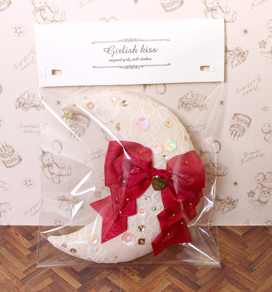 月クッション ピンク×赤リボン