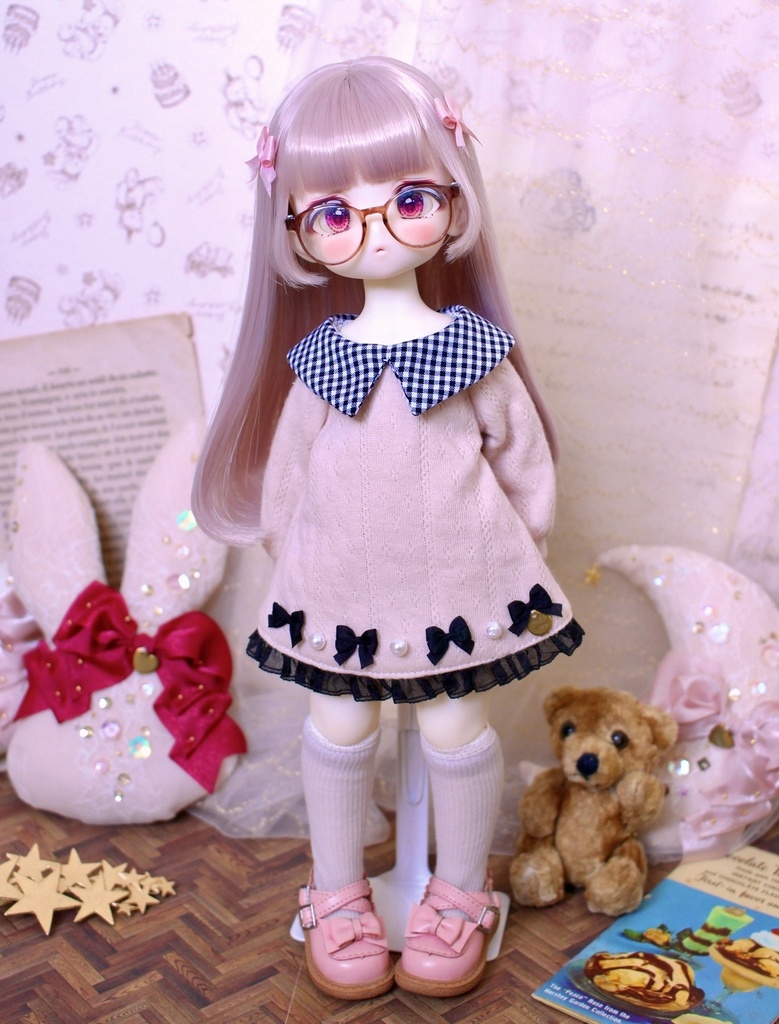 30cmサイズ　ギンガムカラーリボンワンピset