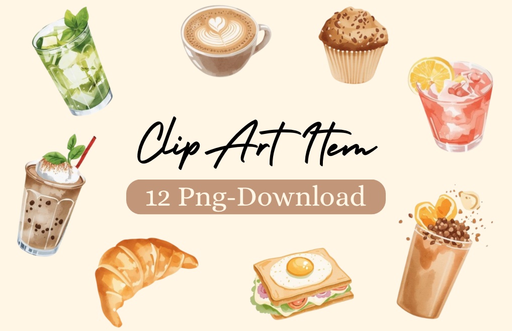 水彩風カフェイラストセット（ドリンク＆軽食合わせて12点）