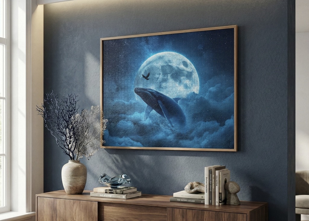 満月とクジラの幻想的な夜空のアートパネル