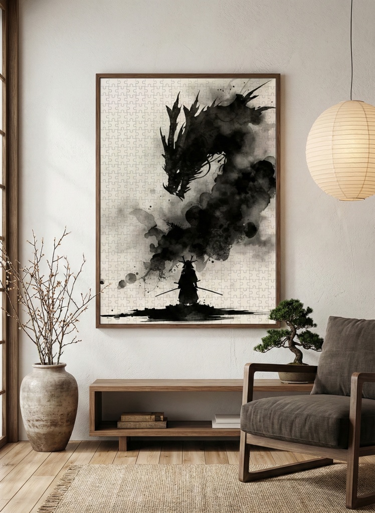 墨絵の龍と侍 - 静寂の対峙 -