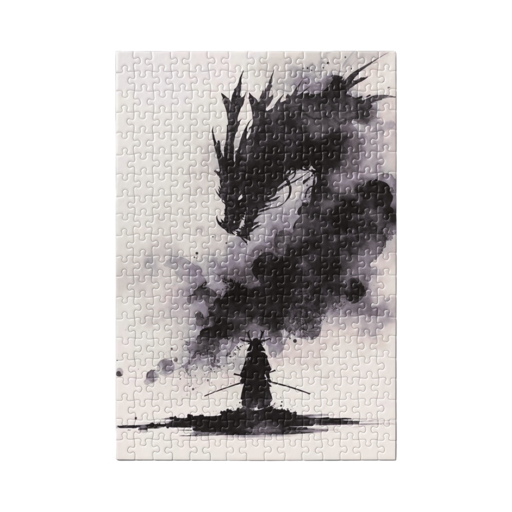 墨絵の龍と侍 - 静寂の対峙 -