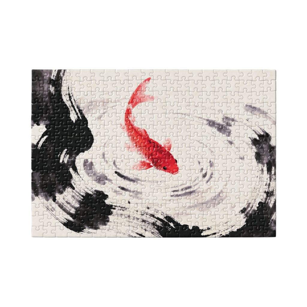 朱色の鯉と墨の波紋