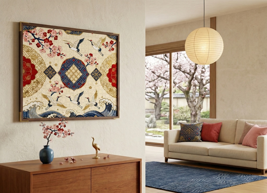 和柄モダンアート 紺碧の波と黄金の舞