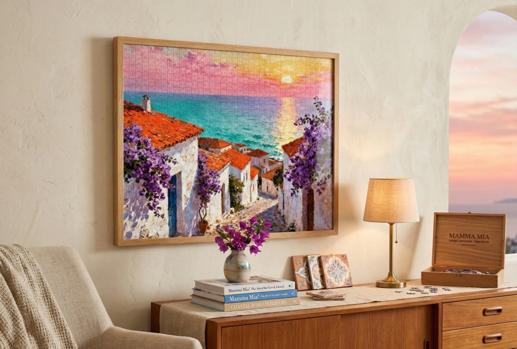 夕暮れに染まる海辺の街と紫の花