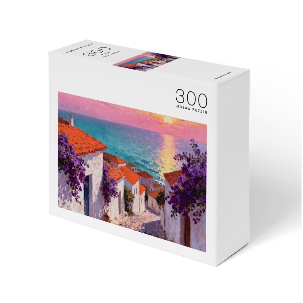 夕暮れに染まる海辺の街と紫の花