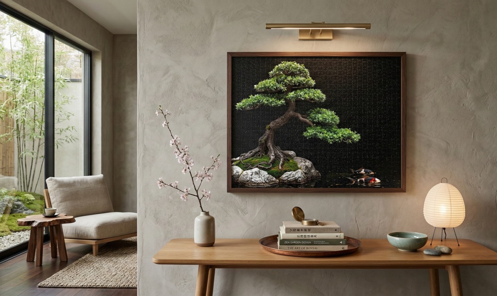 静寂の庭園 水鏡に浮かぶ盆栽と錦鯉