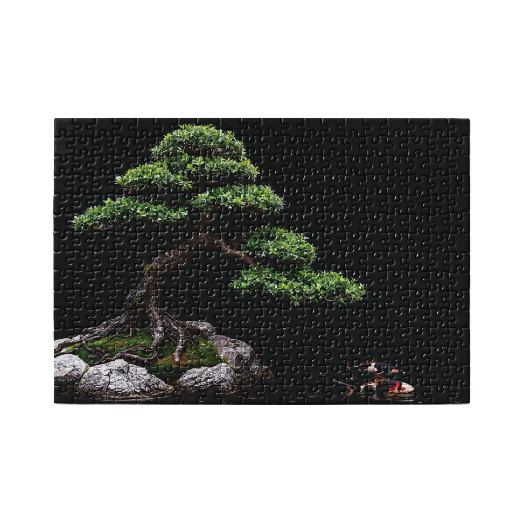 静寂の庭園 水鏡に浮かぶ盆栽と錦鯉