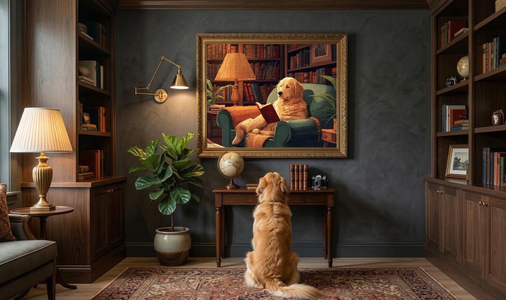 書斎で読書を楽しむ犬の休日