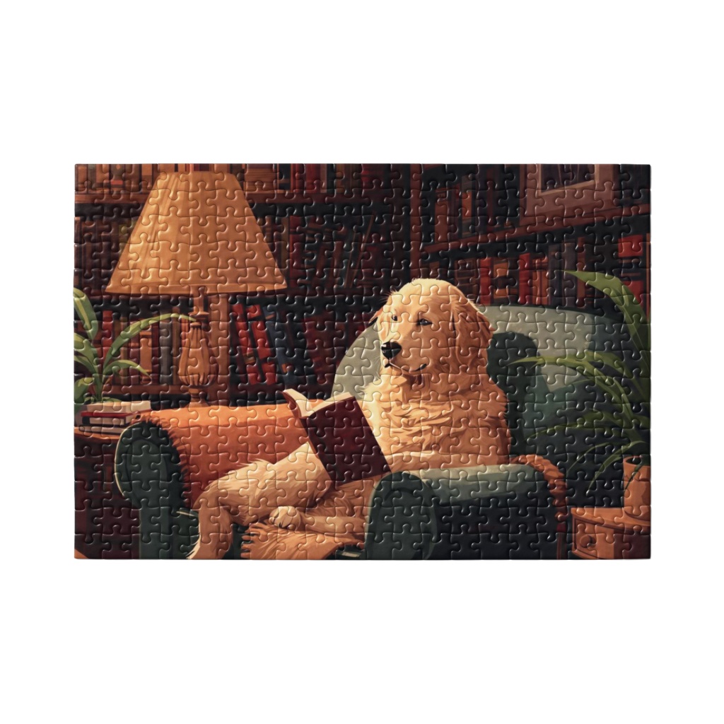 書斎で読書を楽しむ犬の休日