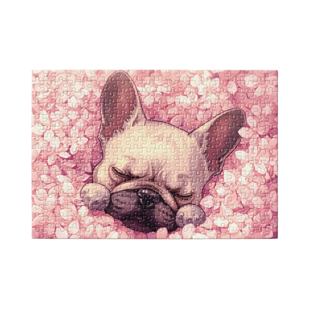 満開の桜に包まれて眠る子犬