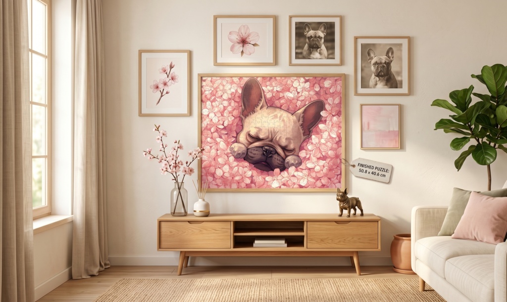 満開の桜に包まれて眠る子犬