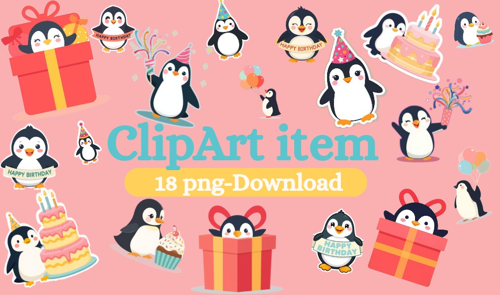 ペンギンのパーティークリップアート PNG セット