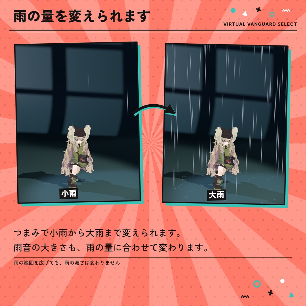 VRChat対応 雨 自分のまわりだけ雨が降るアバターギミック(10色・光る雨・Quest対応)