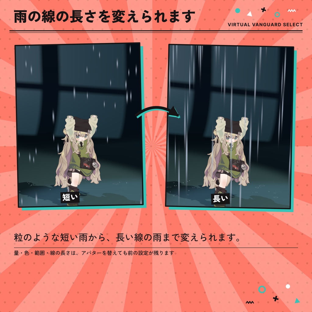 VRChat対応 雨 自分のまわりだけ雨が降るアバターギミック(10色・光る雨・Quest対応)