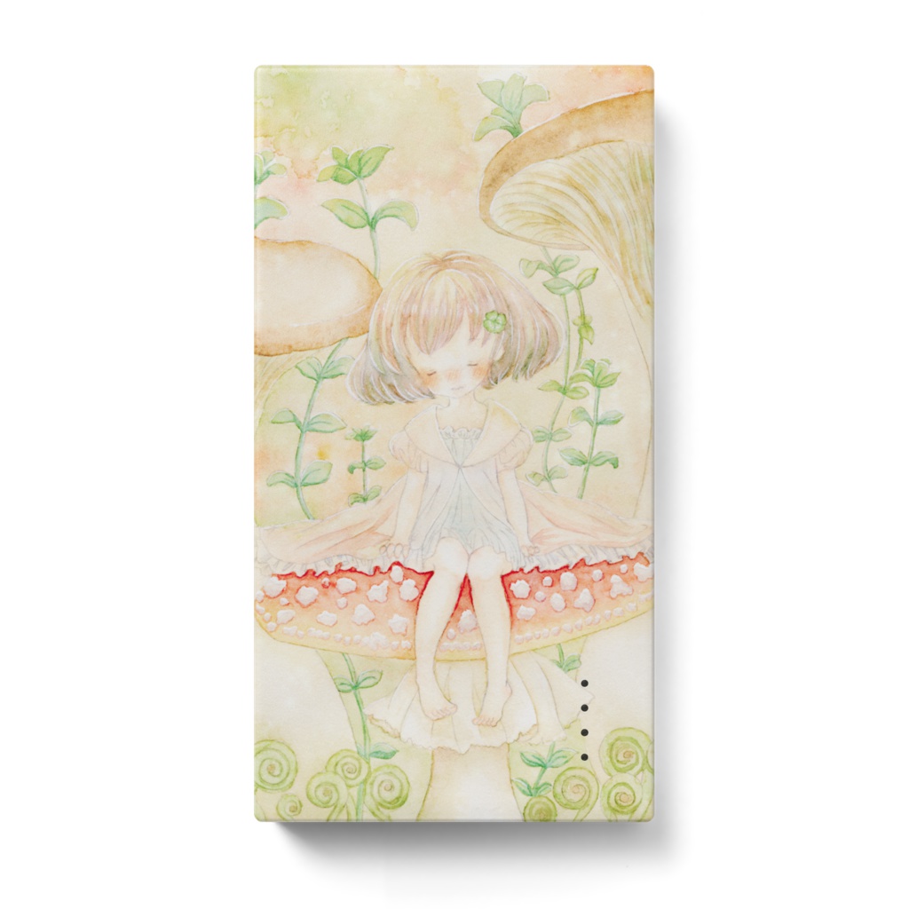 きのこに座るモバイルバッテリー
