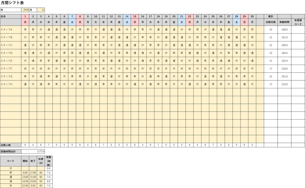 月間シフト表(A4横・15人・日付と曜日が自動)|勤務時間の自動集計つき Excelテンプレート(マクロなし)