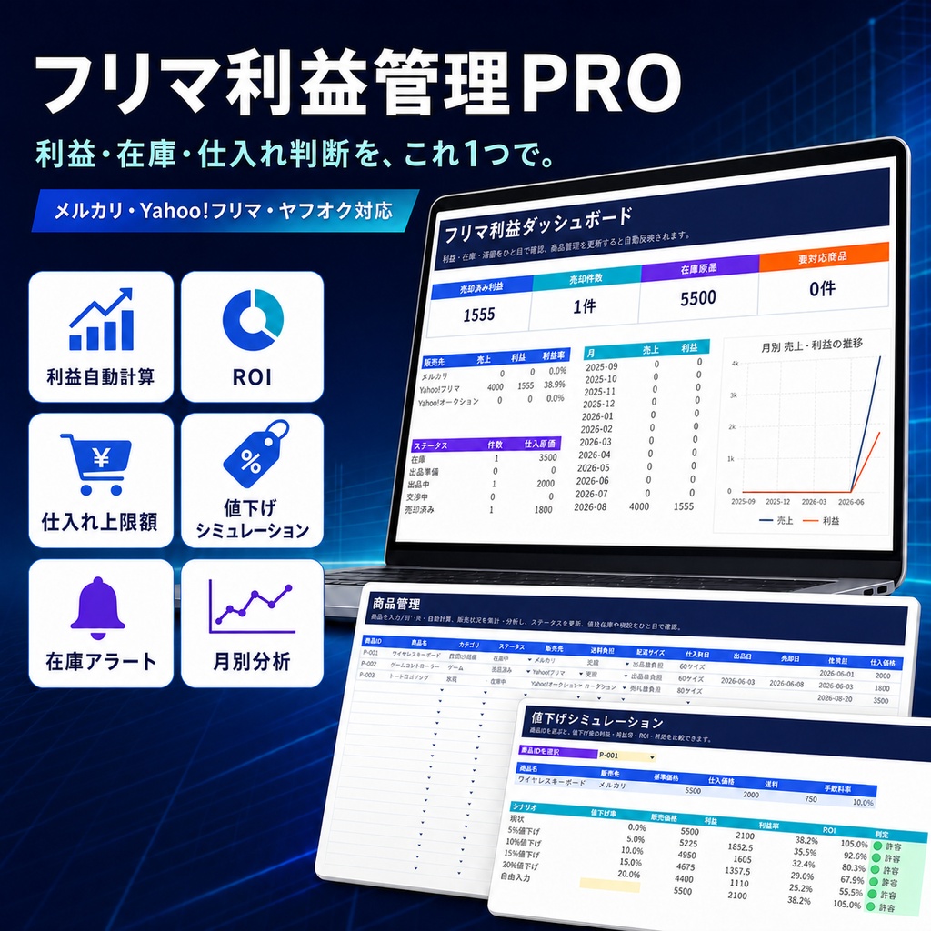 【先行販売β版】フリマ利益管理PRO｜メルカリ・Yahoo!フリマ・ヤフオク対応 Excelテンプレート