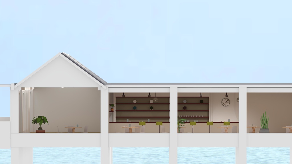 VRChat想定ワールド3Dモデル ”ギャラリーカフェ「なみのうえ」”