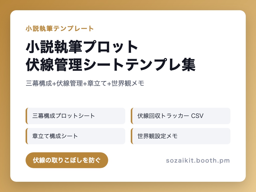小説執筆プロット・伏線管理シートテンプレ集(三幕構成+伏線管理+章立て+世界観メモ)