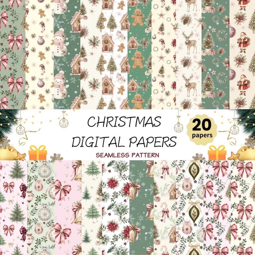 【クリスマス】大人かわいい デジタルペーパー20枚セット｜シームレスパターン｜Christmas Digital Paper