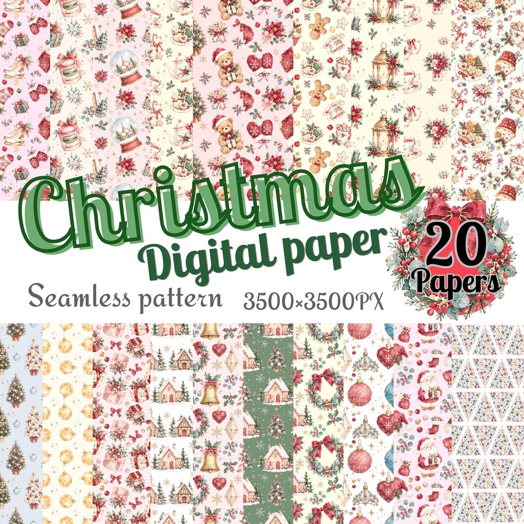 大人かわいいクリスマスのデジタルペーパー 20枚セット Christmas Digital Paper – 20 Seamless Patterns